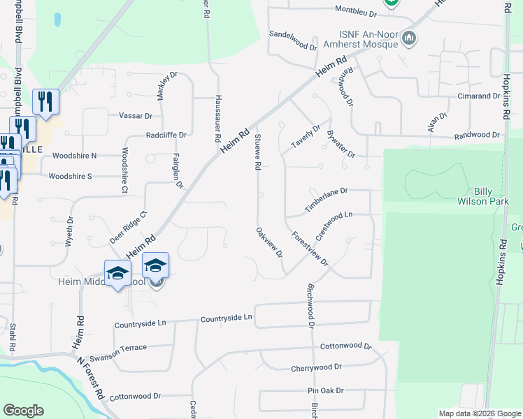 map of restaurants, bars, coffee shops, grocery stores, and more near 103 Oakview Drive in Buffalo