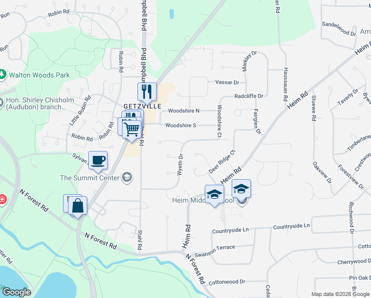 map of restaurants, bars, coffee shops, grocery stores, and more near 8 Squire Court in Getzville