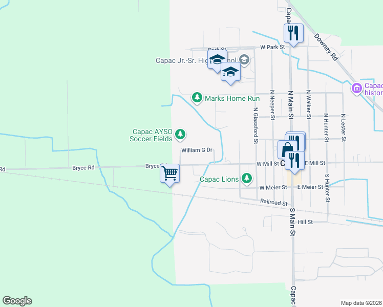 map of restaurants, bars, coffee shops, grocery stores, and more near 526 West Mill Street in Capac