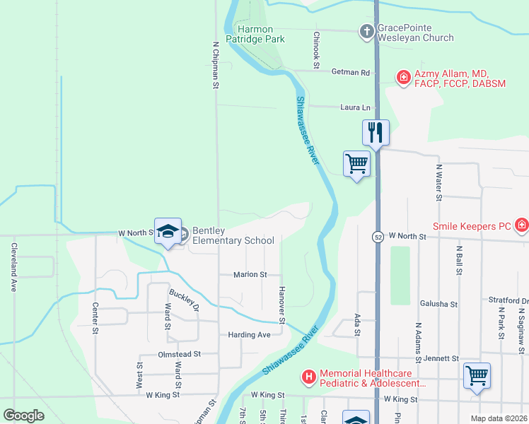 map of restaurants, bars, coffee shops, grocery stores, and more near 1229 Hanover Street in Owosso