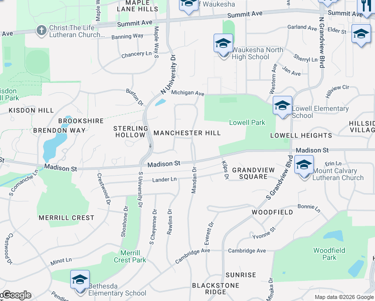 map of restaurants, bars, coffee shops, grocery stores, and more near 2407 Madison Street in Waukesha