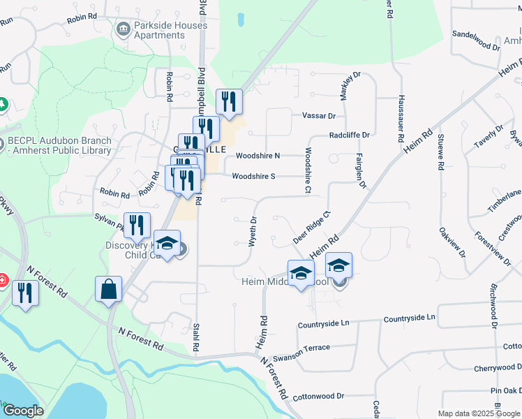map of restaurants, bars, coffee shops, grocery stores, and more near 175 Wyeth Drive in Getzville