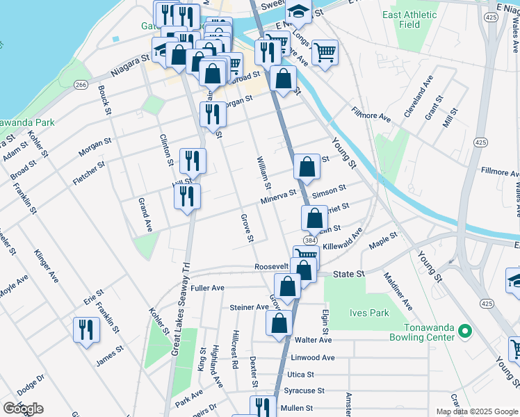 map of restaurants, bars, coffee shops, grocery stores, and more near 183 Grove Street in Tonawanda