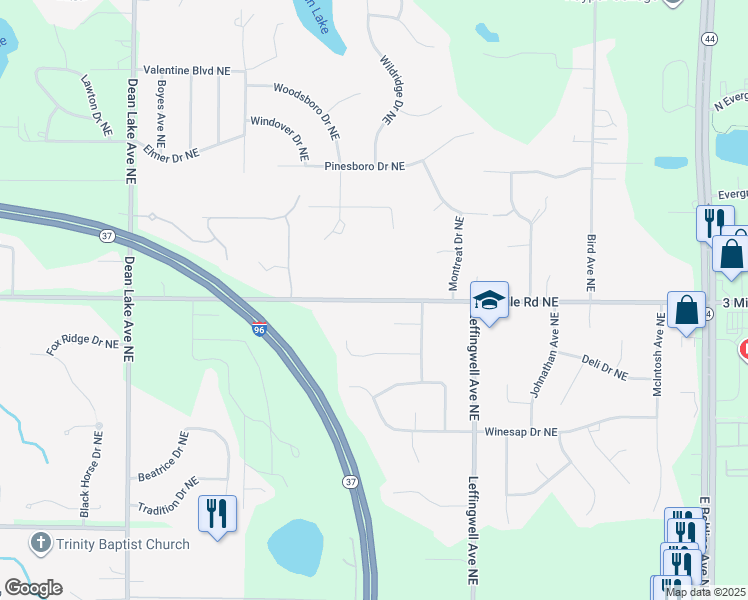 map of restaurants, bars, coffee shops, grocery stores, and more near 3 Mile Road Northeast in Grand Rapids