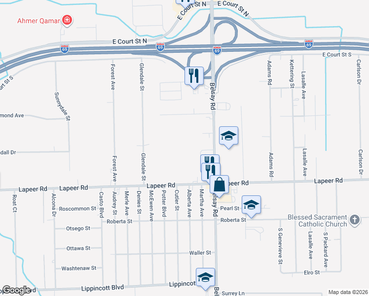 map of restaurants, bars, coffee shops, grocery stores, and more near 1488 Belsay Road in Burton