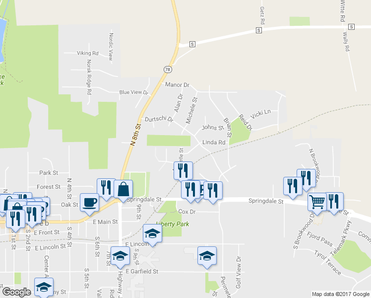 map of restaurants, bars, coffee shops, grocery stores, and more near 400 Linda Road in Mount Horeb