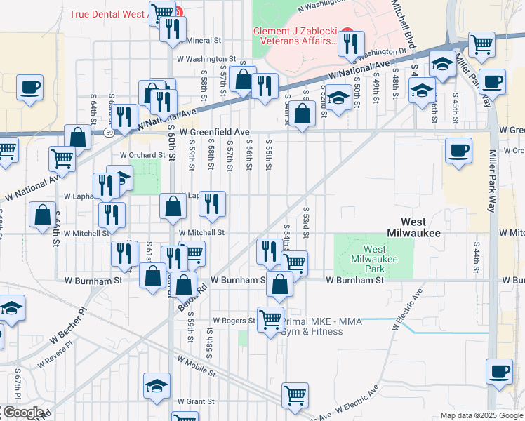 map of restaurants, bars, coffee shops, grocery stores, and more near 5580 West Lapham Street in West Milwaukee