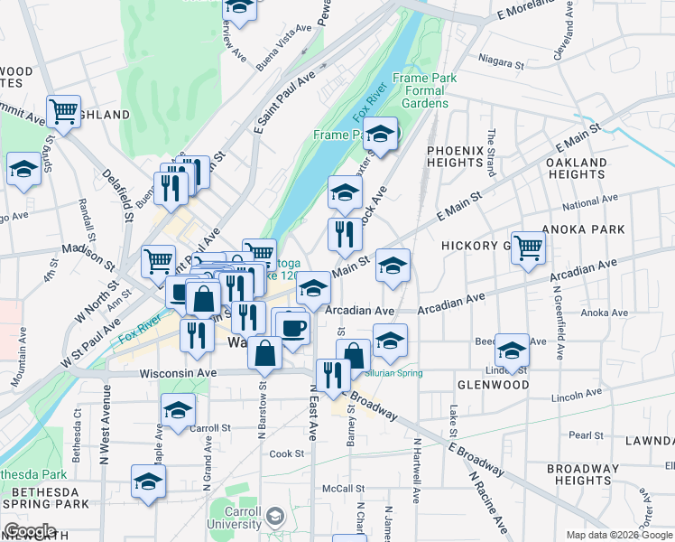 map of restaurants, bars, coffee shops, grocery stores, and more near 1002 White Rock Avenue in Waukesha