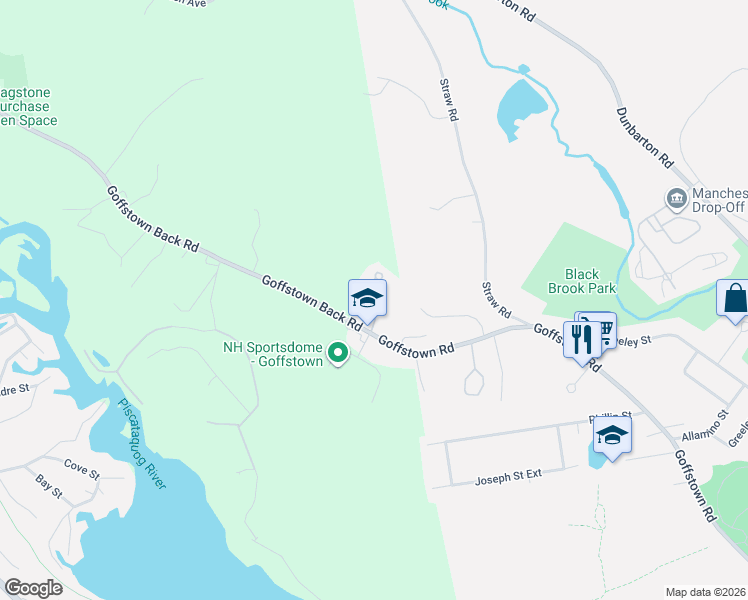 map of restaurants, bars, coffee shops, grocery stores, and more near 1-99 Landmark Lane in Goffstown