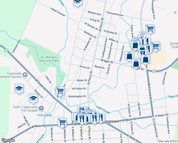 map of restaurants, bars, coffee shops, grocery stores, and more near 231 North Perry Street in Johnstown