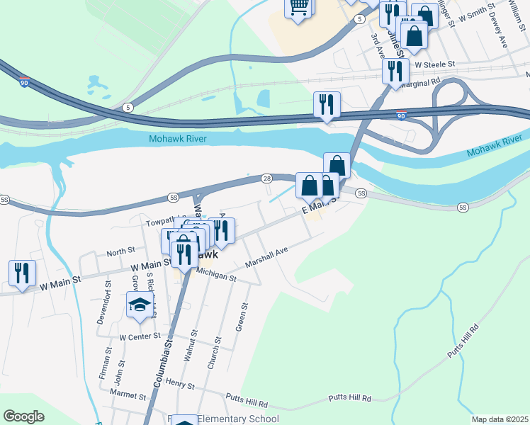 map of restaurants, bars, coffee shops, grocery stores, and more near 8 New York St in Mohawk