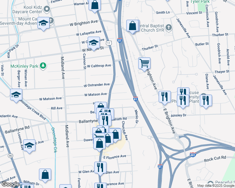 map of restaurants, bars, coffee shops, grocery stores, and more near 110 East Ostrander Avenue in Syracuse