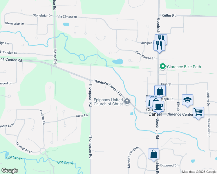 map of restaurants, bars, coffee shops, grocery stores, and more near 9270 Clarence Center Road in Clarence Center
