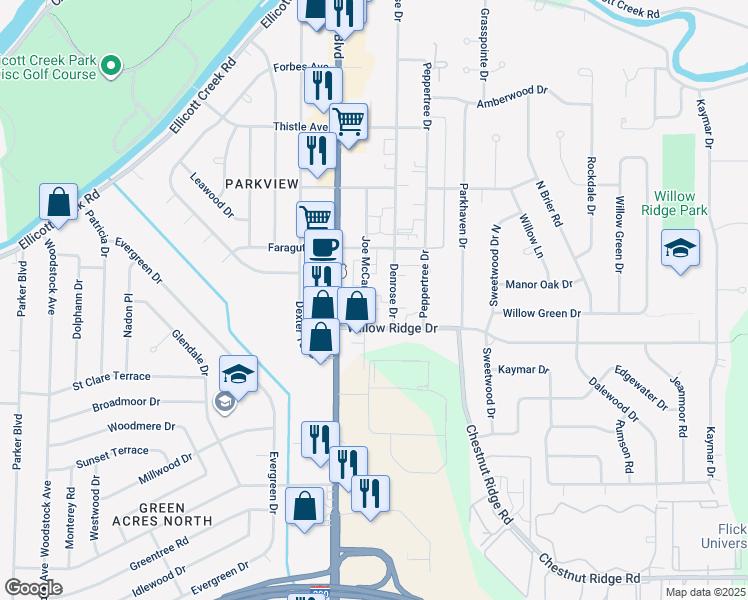 map of restaurants, bars, coffee shops, grocery stores, and more near 396 Joe McCarthy Drive in Buffalo