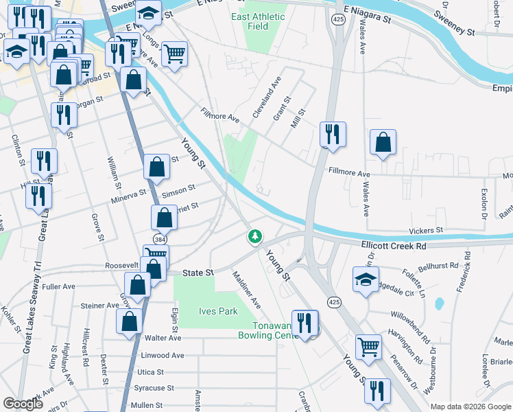 map of restaurants, bars, coffee shops, grocery stores, and more near 45 Ellicott Creek Road in Tonawanda