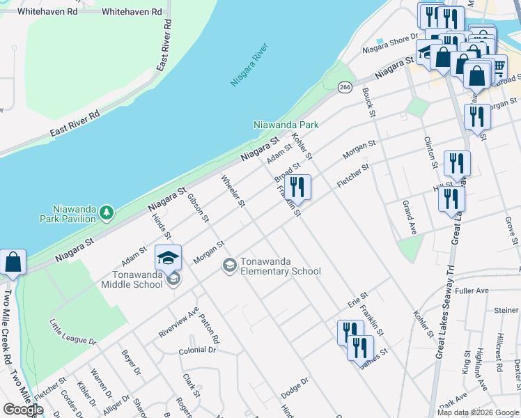 map of restaurants, bars, coffee shops, grocery stores, and more near 433 Broad Street in Tonawanda