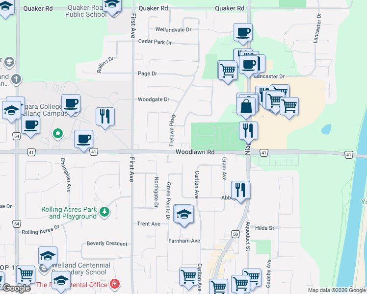 map of restaurants, bars, coffee shops, grocery stores, and more near 1 Royal Oak Crescent in Welland