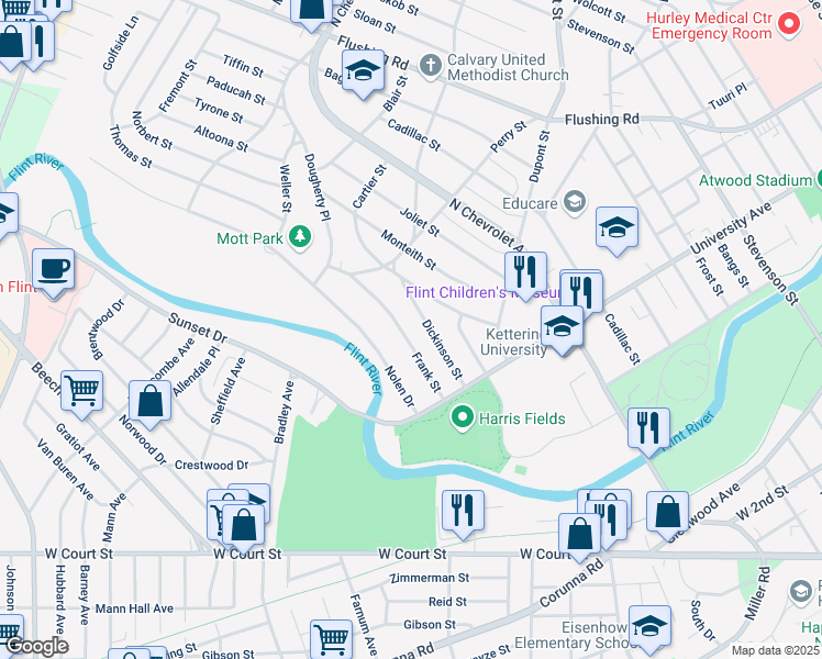 map of restaurants, bars, coffee shops, grocery stores, and more near 2029 Cartier Street in Flint