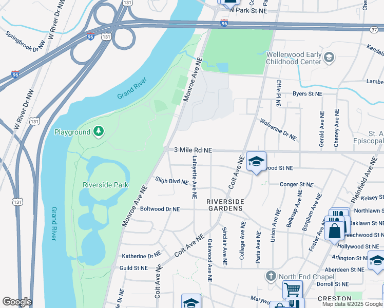 map of restaurants, bars, coffee shops, grocery stores, and more near 226 3 Mile Road Northeast in Grand Rapids