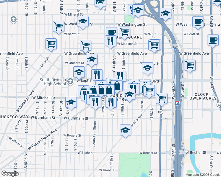 map of restaurants, bars, coffee shops, grocery stores, and more near 1606 South 11th Street in Milwaukee