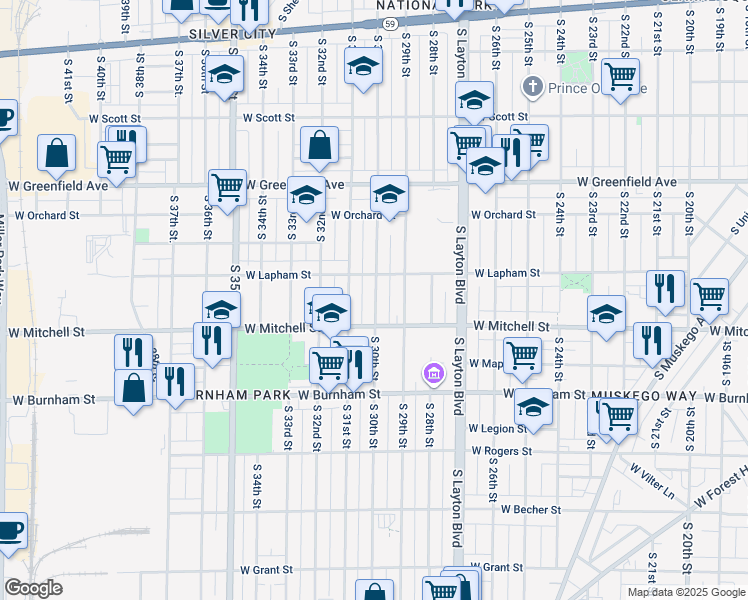 map of restaurants, bars, coffee shops, grocery stores, and more near 2923 West Lapham Street in Milwaukee