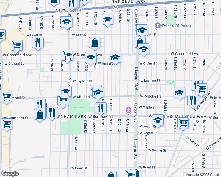 map of restaurants, bars, coffee shops, grocery stores, and more near 2923 West Lapham Street in Milwaukee