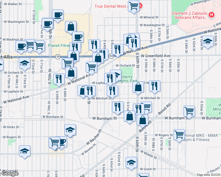 map of restaurants, bars, coffee shops, grocery stores, and more near 15 South 63rd Street in West Allis