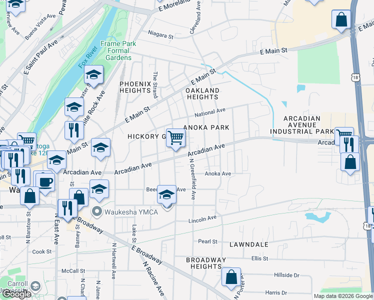 map of restaurants, bars, coffee shops, grocery stores, and more near 921 North Greenfield Avenue in Waukesha