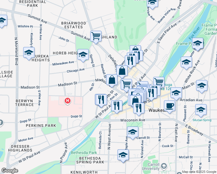 map of restaurants, bars, coffee shops, grocery stores, and more near 130 Delafield Street in Waukesha