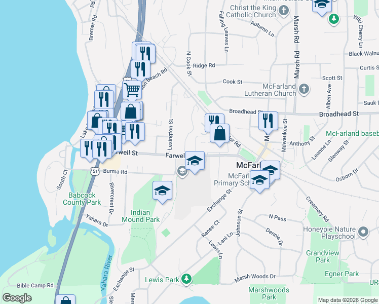 map of restaurants, bars, coffee shops, grocery stores, and more near 5903 Spartan Drive in McFarland