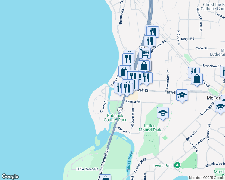 map of restaurants, bars, coffee shops, grocery stores, and more near 5916 Lake Edge Road in McFarland