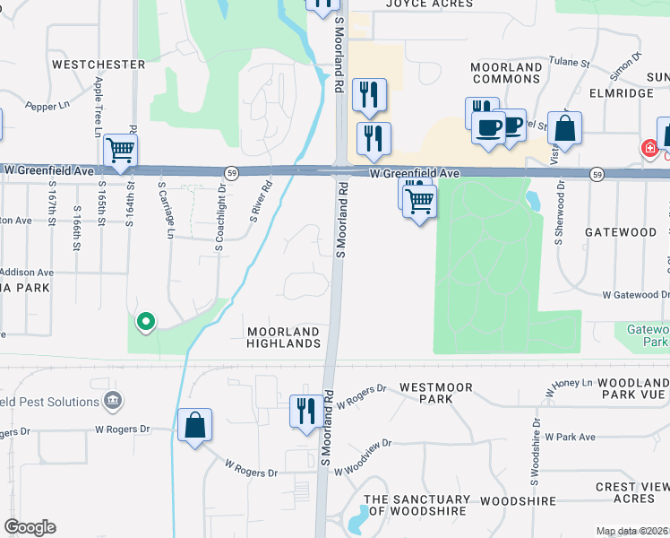 map of restaurants, bars, coffee shops, grocery stores, and more near 1601 South Moorland Road in New Berlin