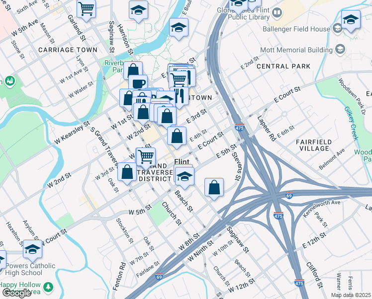 map of restaurants, bars, coffee shops, grocery stores, and more near 111 East Court Street in Flint