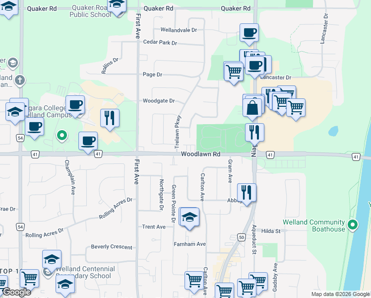 map of restaurants, bars, coffee shops, grocery stores, and more near 106 Woodlawn Road in Welland