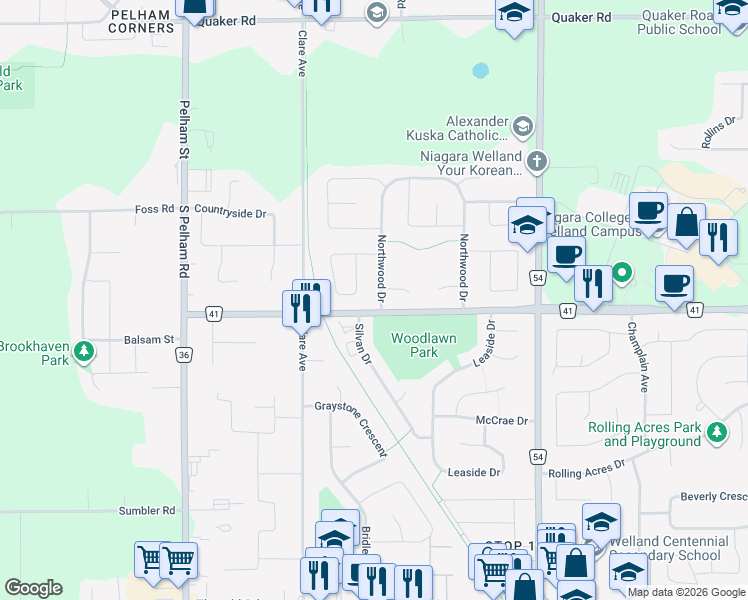 map of restaurants, bars, coffee shops, grocery stores, and more near 7 Northwood Drive in Welland