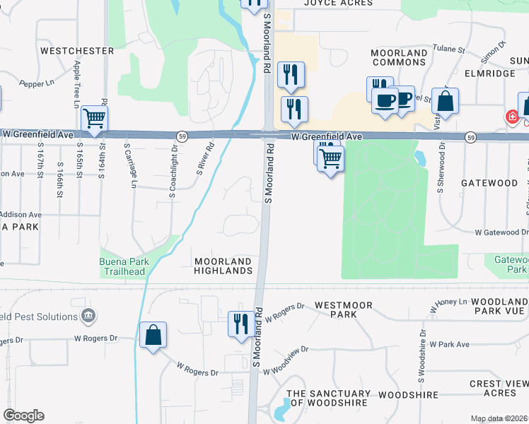 map of restaurants, bars, coffee shops, grocery stores, and more near 1601 South Moorland Road in New Berlin