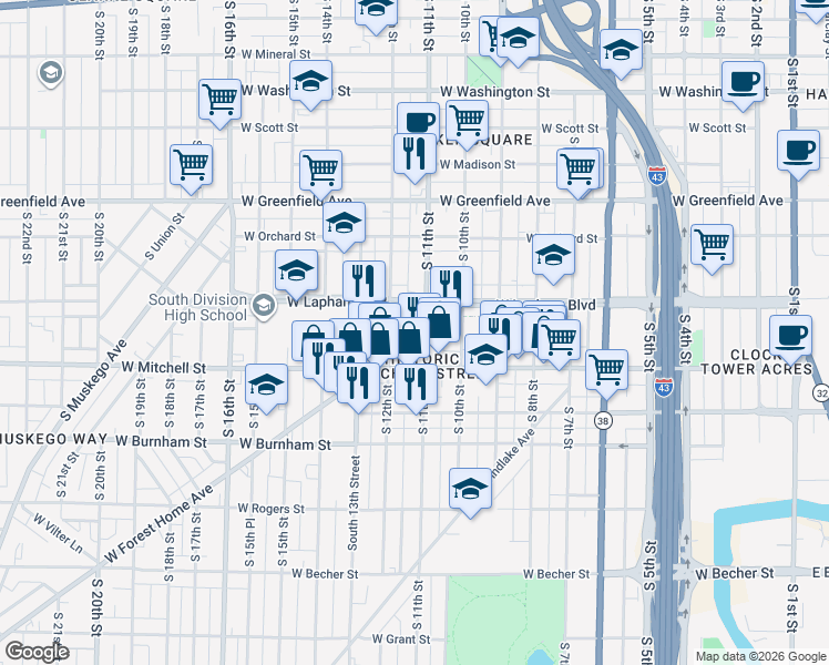 map of restaurants, bars, coffee shops, grocery stores, and more near 1606 South 11th Street in Milwaukee