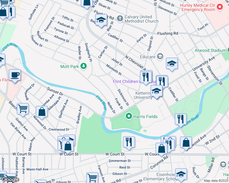 map of restaurants, bars, coffee shops, grocery stores, and more near 2029 Cartier Street in Flint