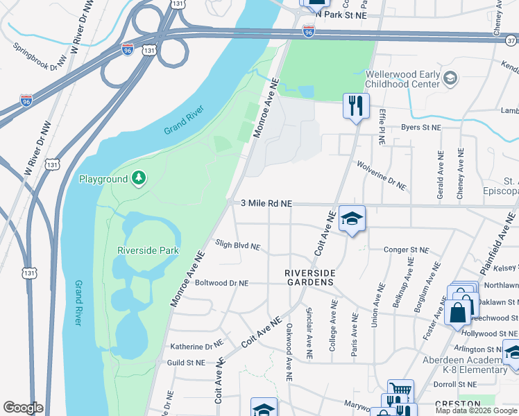 map of restaurants, bars, coffee shops, grocery stores, and more near 226 3 Mile Road Northeast in Grand Rapids