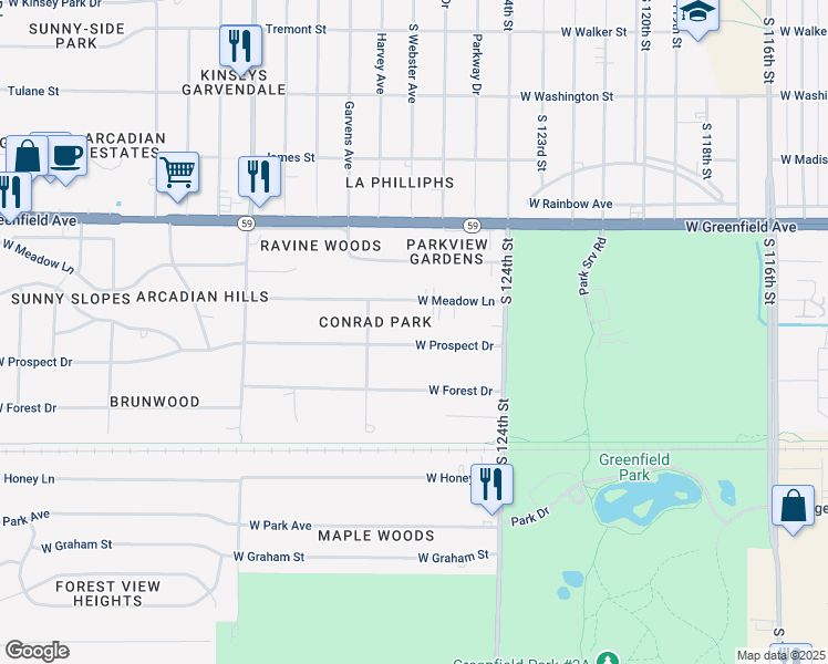map of restaurants, bars, coffee shops, grocery stores, and more near 12623 West Meadow Lane in New Berlin