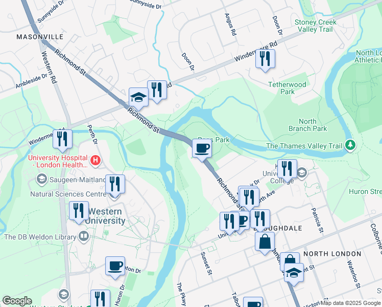 map of restaurants, bars, coffee shops, grocery stores, and more near 1265 Richmond Street in London