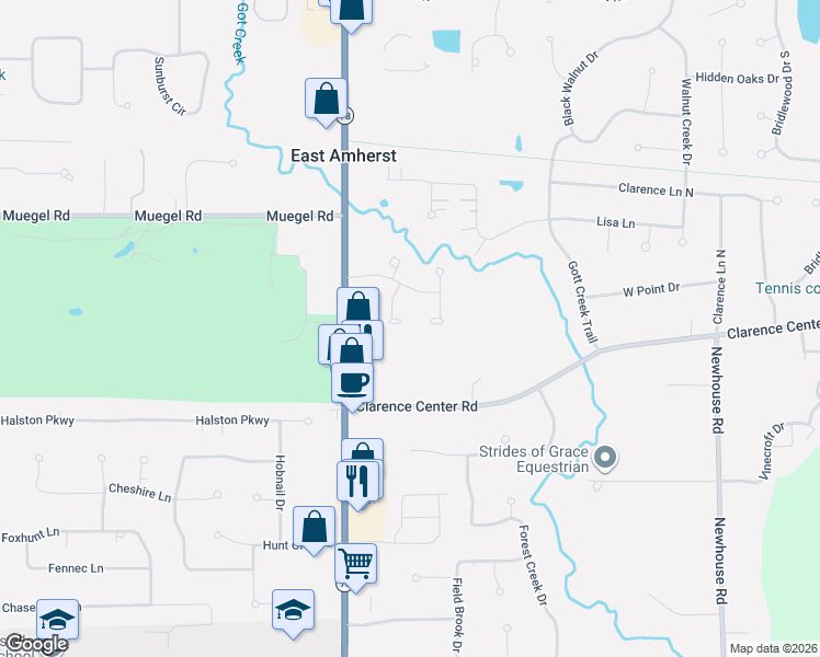 map of restaurants, bars, coffee shops, grocery stores, and more near 6045 Whitegate Crossing in East Amherst