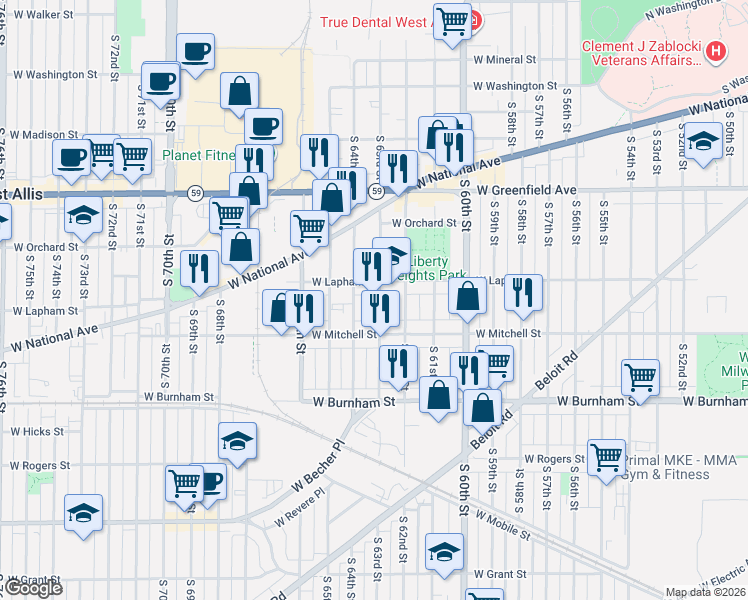 map of restaurants, bars, coffee shops, grocery stores, and more near 15 South 63rd Street in West Allis