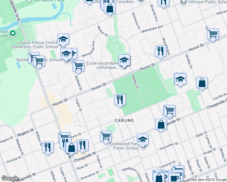 map of restaurants, bars, coffee shops, grocery stores, and more near 743 Sevilla Park Place in London
