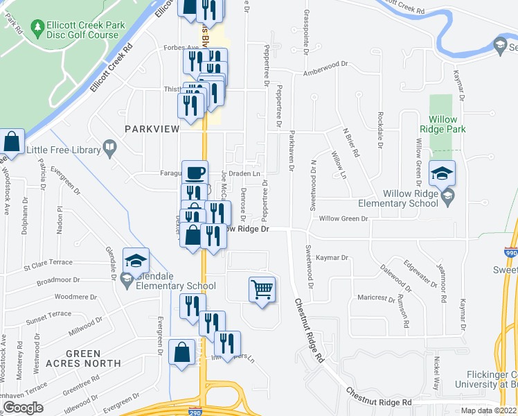 map of restaurants, bars, coffee shops, grocery stores, and more near 32 Peppertree Drive in Buffalo