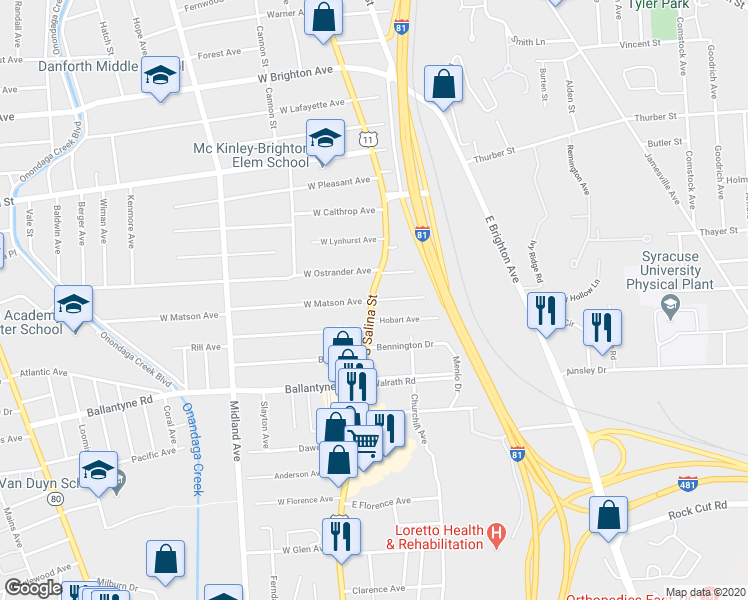 map of restaurants, bars, coffee shops, grocery stores, and more near 101 East Matson Avenue in Syracuse