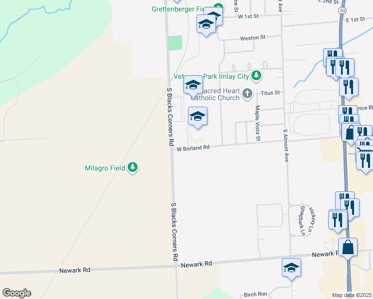 map of restaurants, bars, coffee shops, grocery stores, and more near 598 West Borland Road in Imlay City