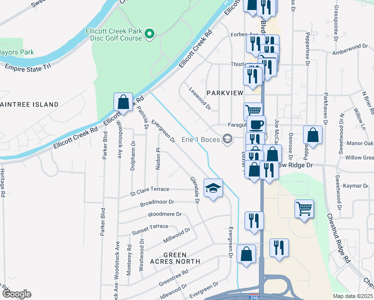 map of restaurants, bars, coffee shops, grocery stores, and more near 1225 Ellicott Creek Road in Tonawanda
