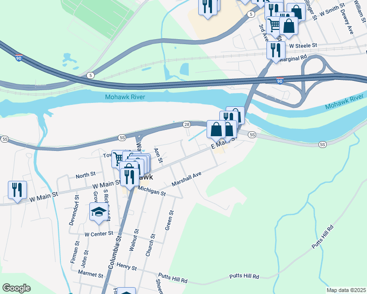 map of restaurants, bars, coffee shops, grocery stores, and more near 8 New York Street in Mohawk