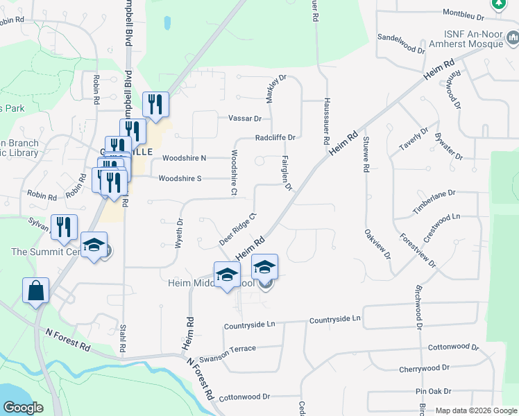 map of restaurants, bars, coffee shops, grocery stores, and more near 76 Deer Ridge in Getzville